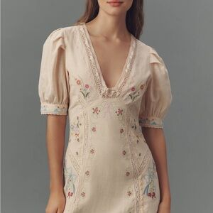 By Anthropologie Linen Blend Puff-Sleeve V-Neck Mini Dress